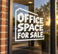 Stacked vinyl decal with "OFFICE SPACE FOR SALE" lettering in white with dark outline
