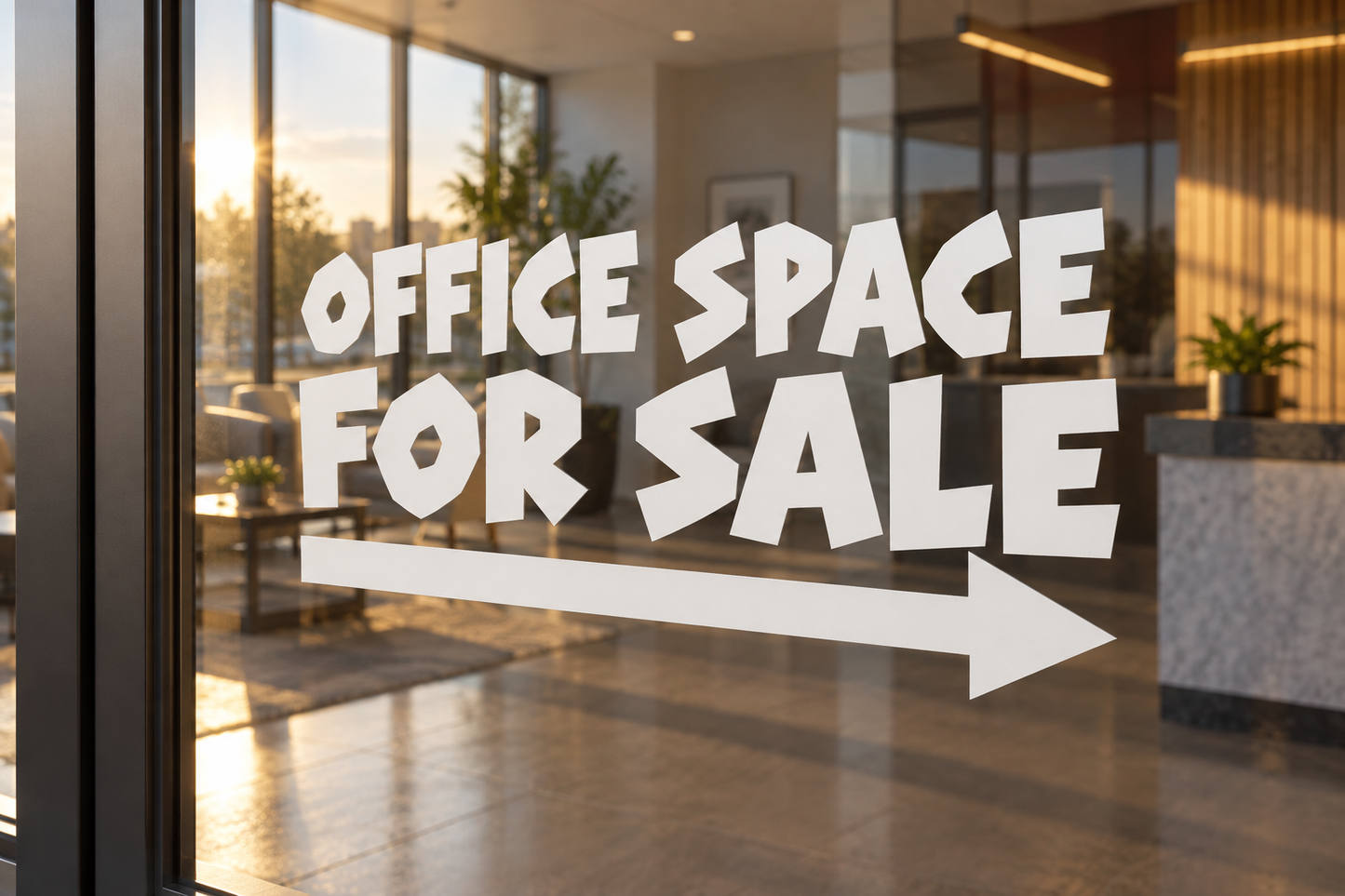 Directional vinyl decal with 'Office Space For Sale' text and right-pointing arrow