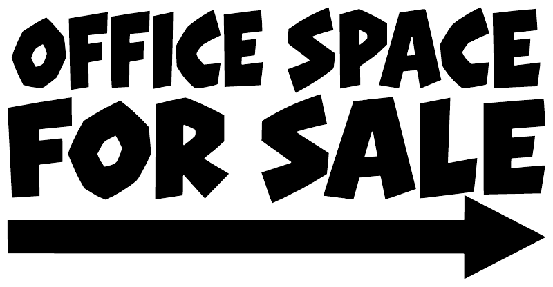 Vinyl decal close-up: 'OFFICE SPACE FOR SALE' lettering with right arrow