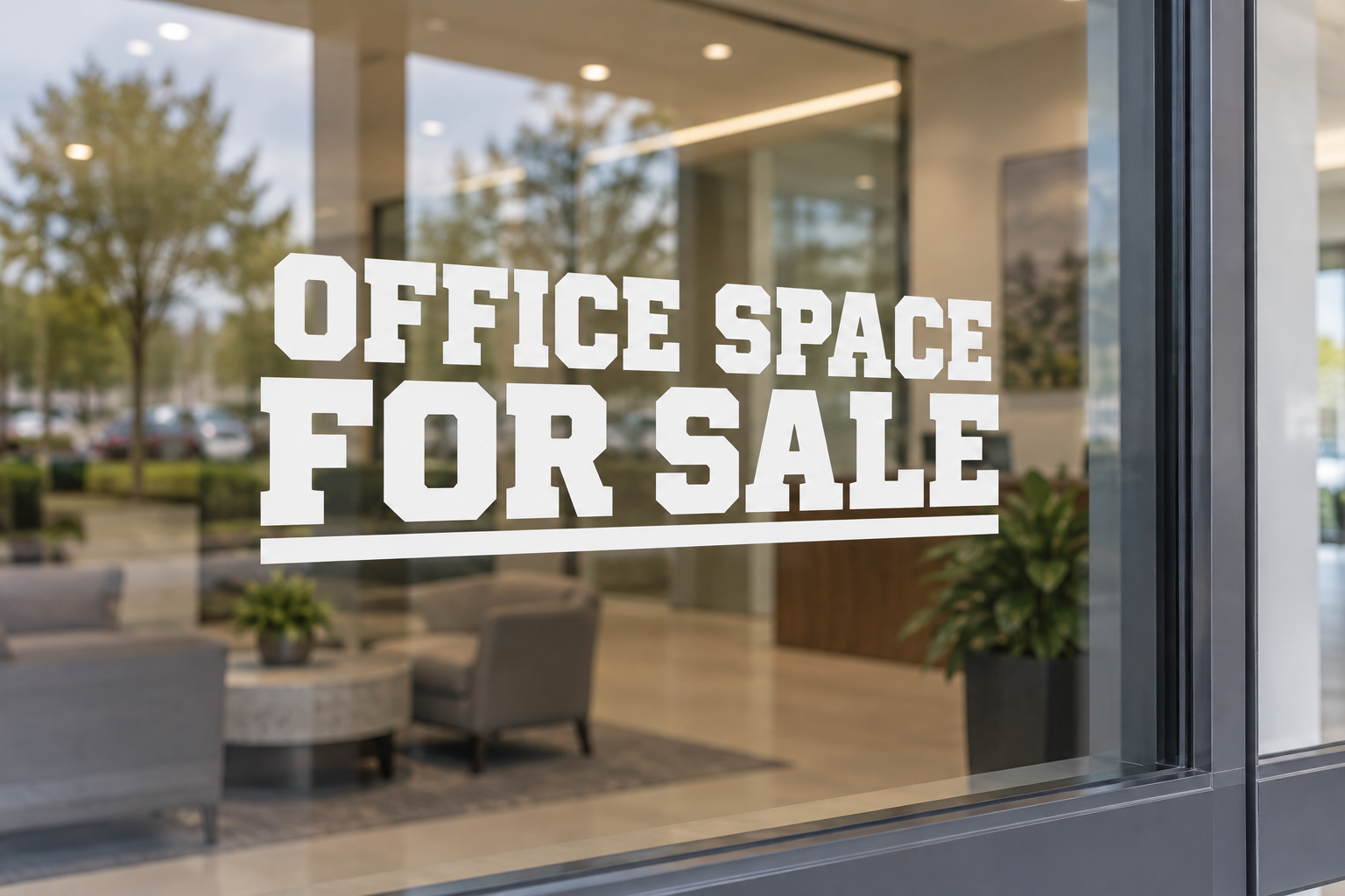 Vinyl window decal with white text: OFFICE SPACE FOR SALE
