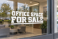 Vinyl window decal with white text: OFFICE SPACE FOR SALE