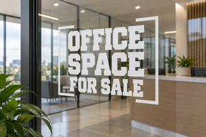 Vinyl decal: stacked "OFFICE SPACE FOR SALE" in white with black outline
