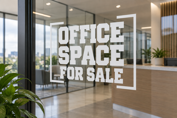 Vinyl decal: stacked "OFFICE SPACE FOR SALE" in white with black outline