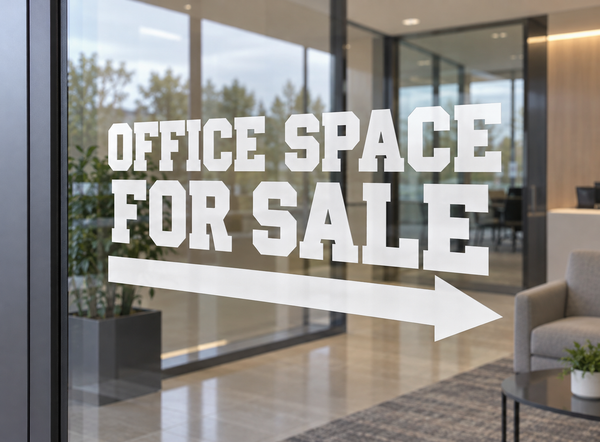 Directional vinyl decal reading "OFFICE SPACE FOR SALE" with right-pointing arrow