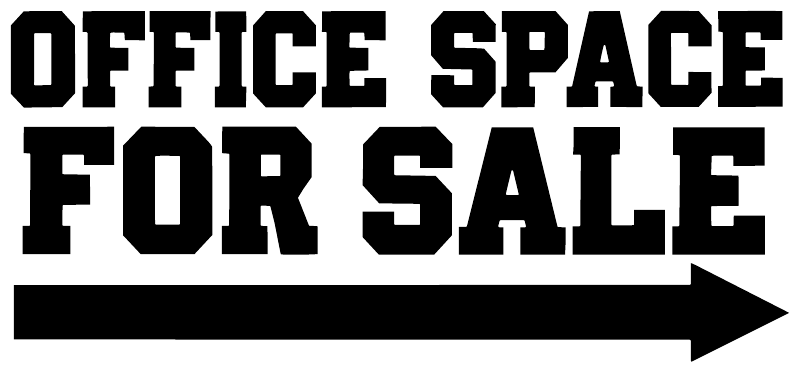 Bold vinyl text "OFFICE SPACE FOR SALE" with long right arrow for direction