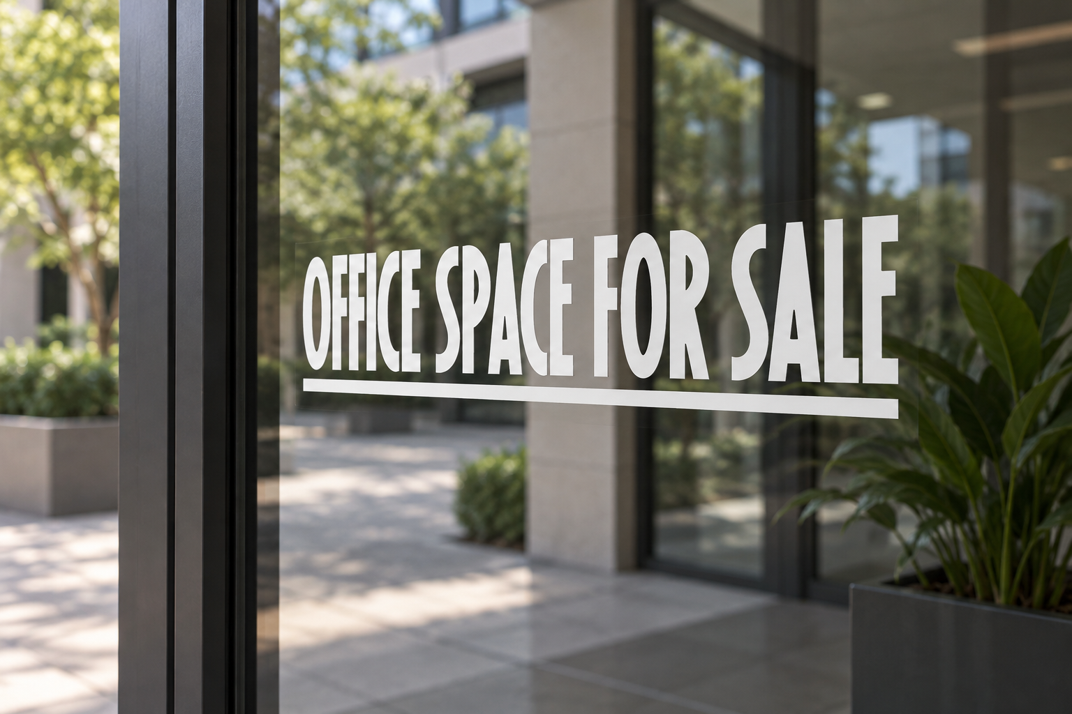 Horizontal vinyl lettering decal with white "OFFICE SPACE FOR SALE" text