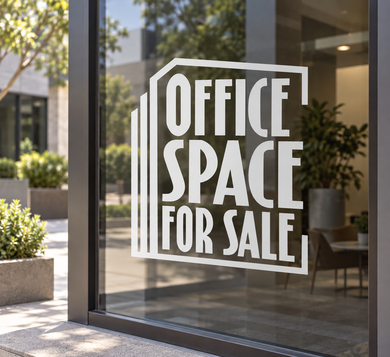 Office space vinyl decal with bold 'OFFICE SPACE FOR SALE' lettering, white outline