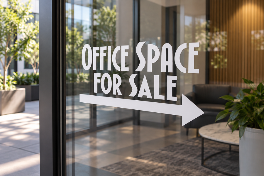 Directional vinyl decal with 'OFFICE SPACE FOR SALE' and right arrow for window glass