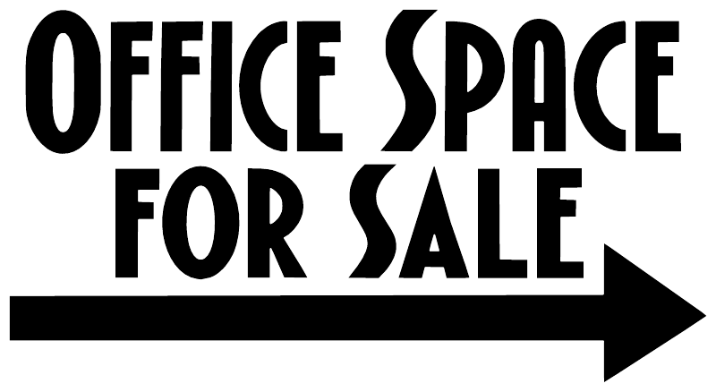 Black vinyl decal: 'OFFICE SPACE FOR SALE' with right arrow