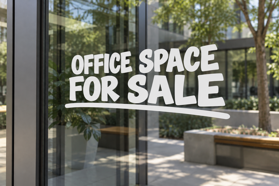 White vinyl decal lettering: OFFICE SPACE FOR SALE, bold horizontal text