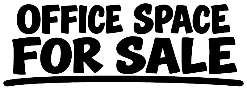 White vinyl decal lettering with black outline: OFFICE SPACE FOR SALE