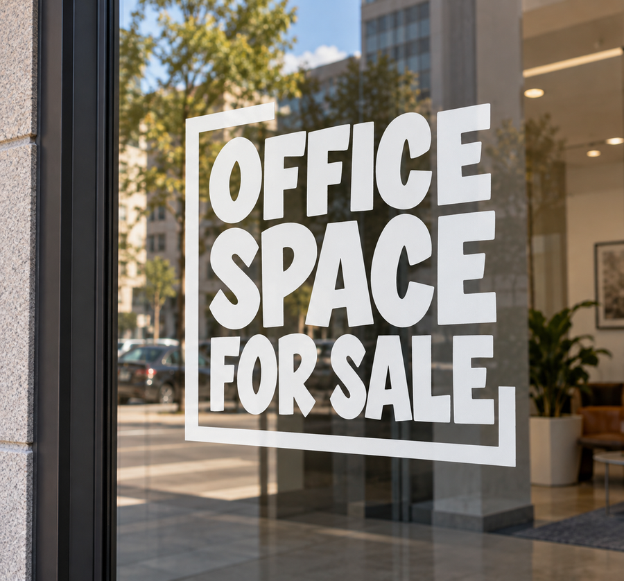 Stacked vinyl decal reading 'OFFICE SPACE FOR SALE' on glass window