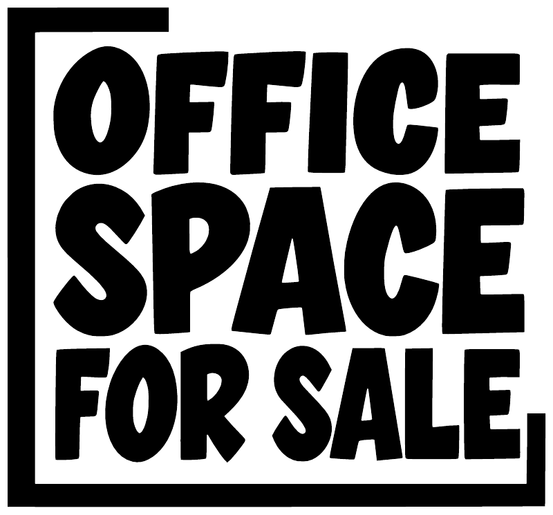 Stacked vinyl decal with bold 'OFFICE SPACE FOR SALE' lettering, black and white