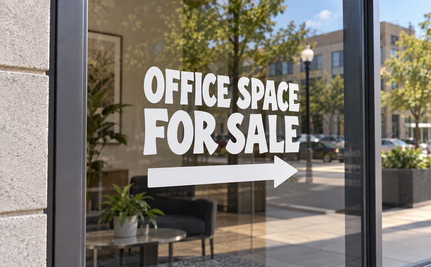 Directional vinyl decal: “OFFICE SPACE FOR SALE” text with right-pointing arrow