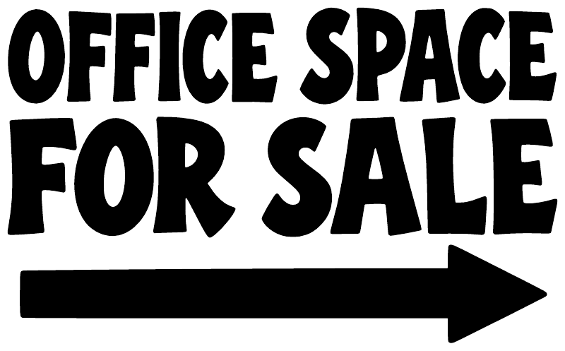 Directional vinyl decal with bold black “OFFICE SPACE FOR SALE” text and right arrow