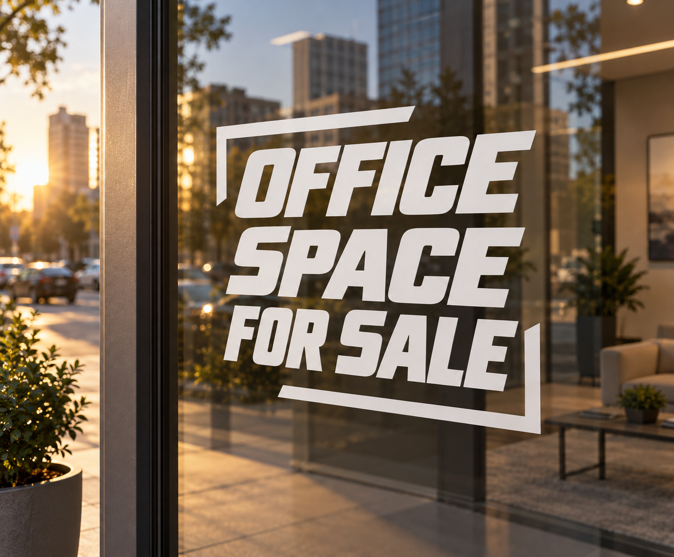 Stacked vinyl decal lettering: “OFFICE SPACE FOR SALE” for storefront windows