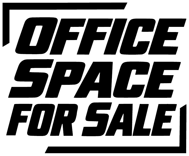 Close-up of stacked vinyl decal lettering: “OFFICE SPACE FOR SALE” in black