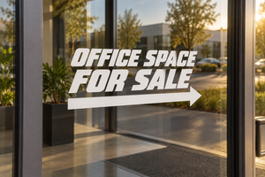 Window vinyl decal reading Office Space For Sale with right-pointing arrow, white lettering