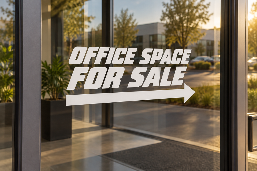 Window vinyl decal reading Office Space For Sale with right-pointing arrow, white lettering