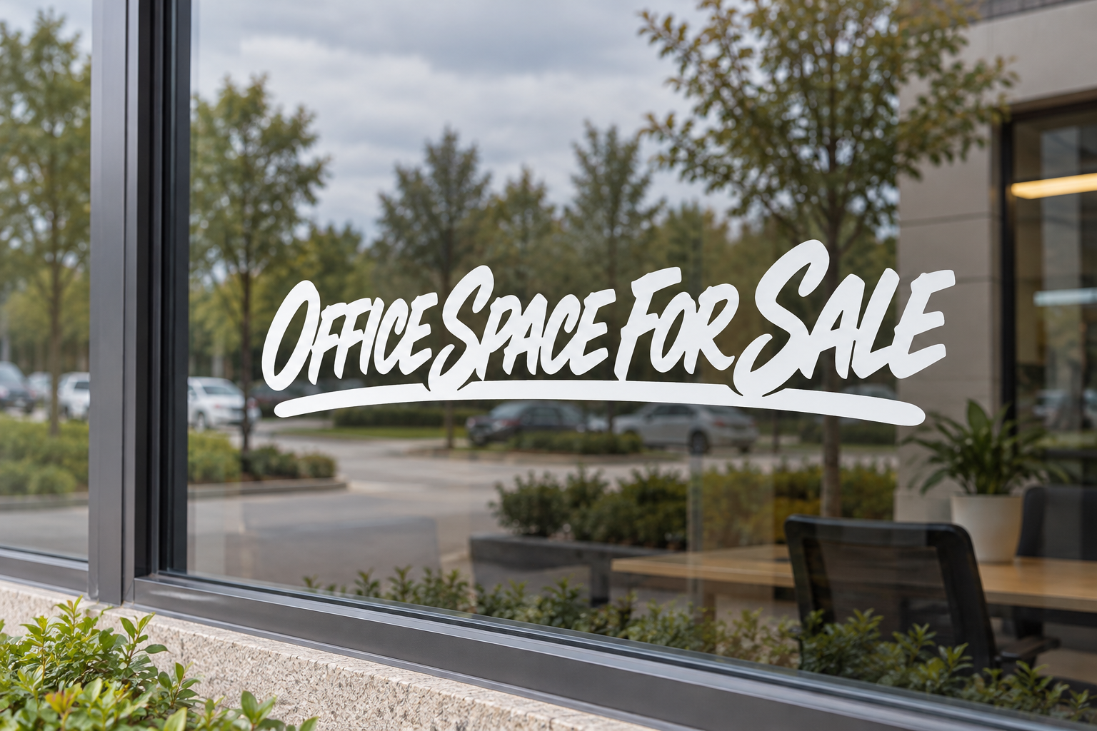 White vinyl window decal reading 'OFFICE SPACE FOR SALE' in script