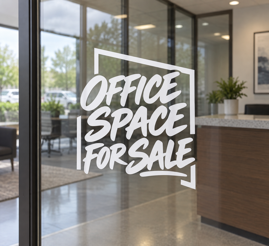 Stacked vinyl window decal: OFFICE SPACE FOR SALE, white lettering