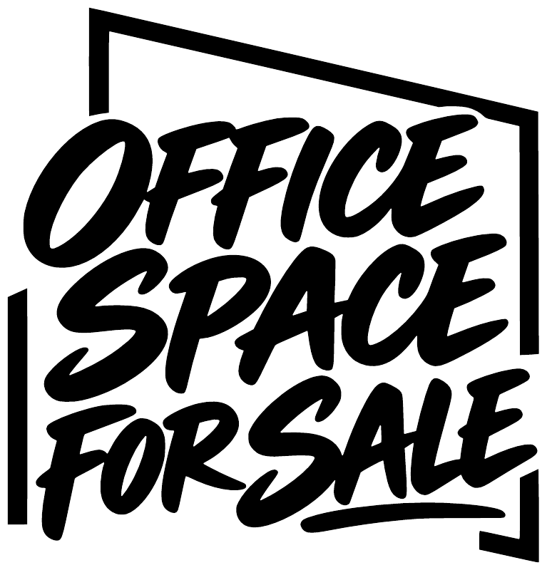 Closeup of stacked vinyl decal: OFFICE SPACE FOR SALE, black lettering