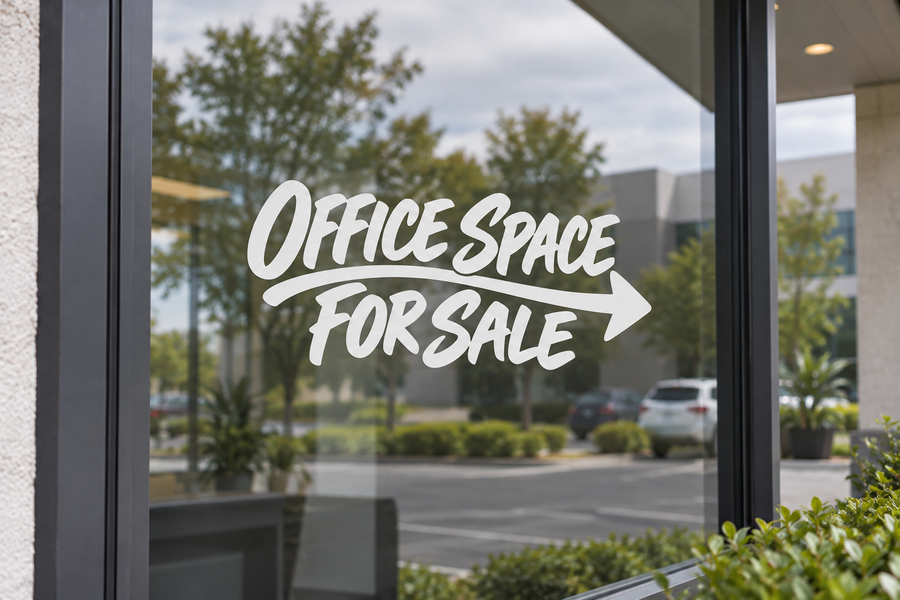 Directional vinyl decal with “OFFICE SPACE FOR SALE” lettering and arrow for windows