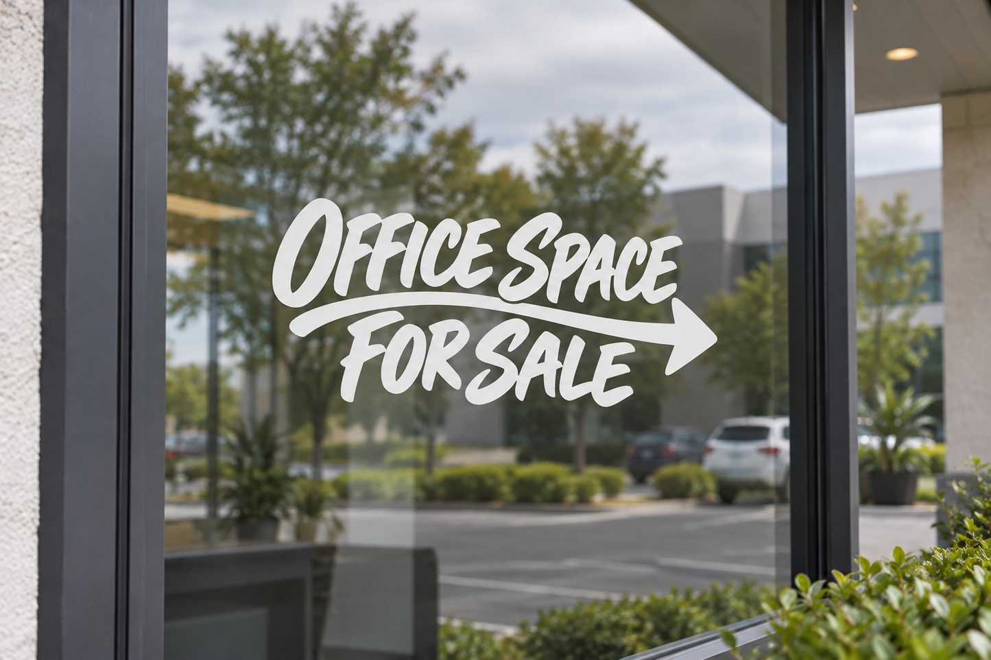 Directional vinyl decal with “OFFICE SPACE FOR SALE” lettering and arrow for windows
