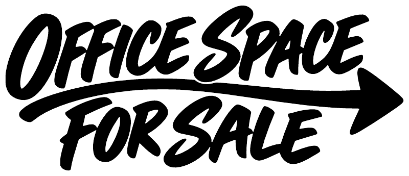 Close-up directional vinyl decal: bold “OFFICE SPACE FOR SALE” text with arrow