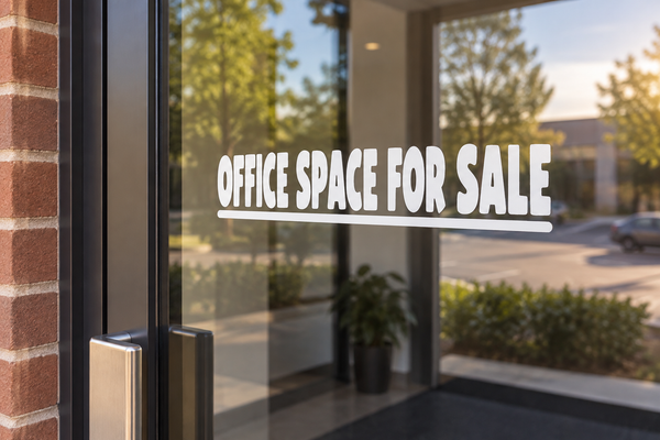 Horizontal white vinyl decal with "OFFICE SPACE FOR SALE" lettering