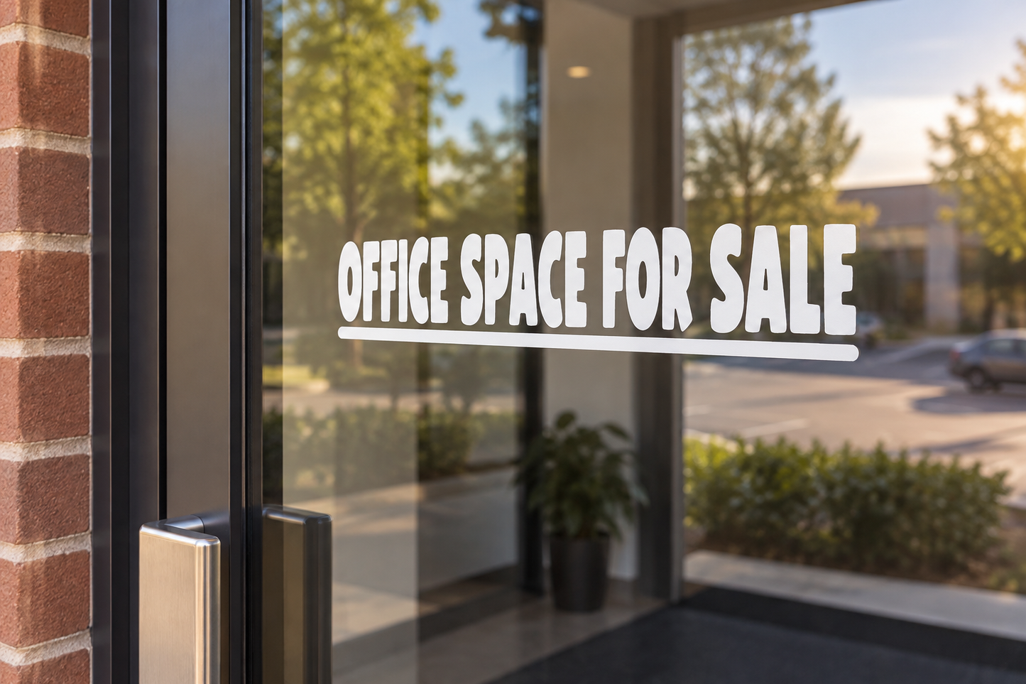 Horizontal white vinyl decal with "OFFICE SPACE FOR SALE" lettering