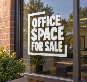 Stacked vinyl decal reading 'OFFICE SPACE FOR SALE', white letters on clear