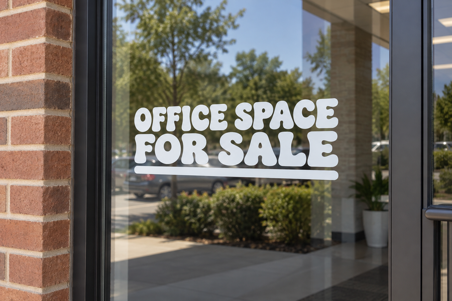 Storefront vinyl decal with 'OFFICE SPACE FOR SALE' lettering
