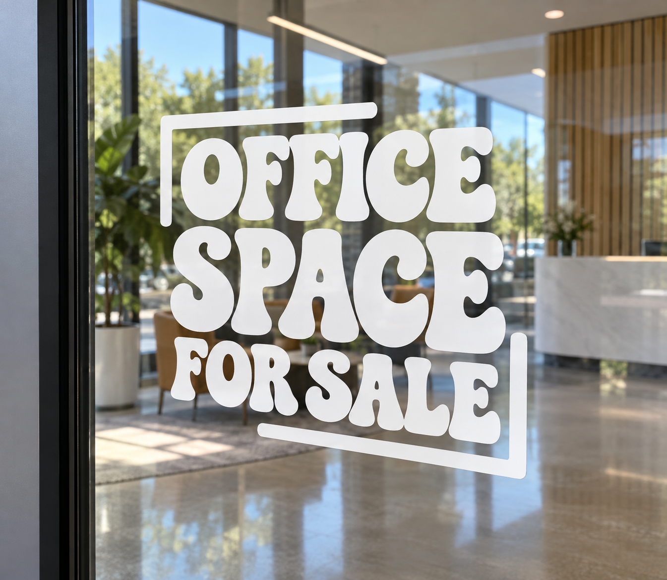 Stacked vinyl decal with layered “OFFICE SPACE FOR SALE” lettering and white border