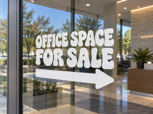 Directional vinyl decal with “Office Space for Sale” text and right arrow, white.