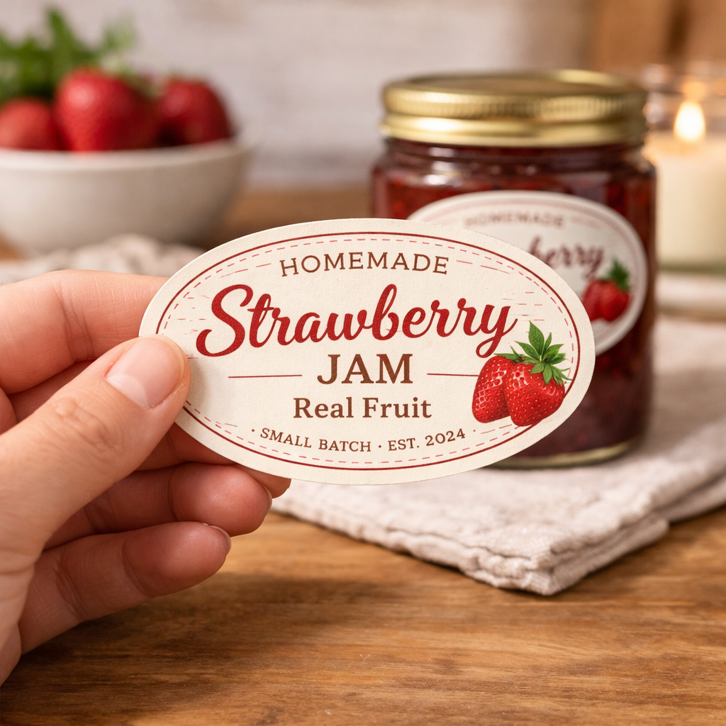 Oval strawberry jam sticker label reading "Homemade Strawberry Jam".