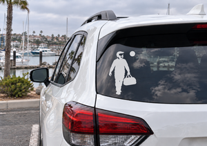 Paintball player vinyl decal on car rear window, black silhouette with paintball ball dot