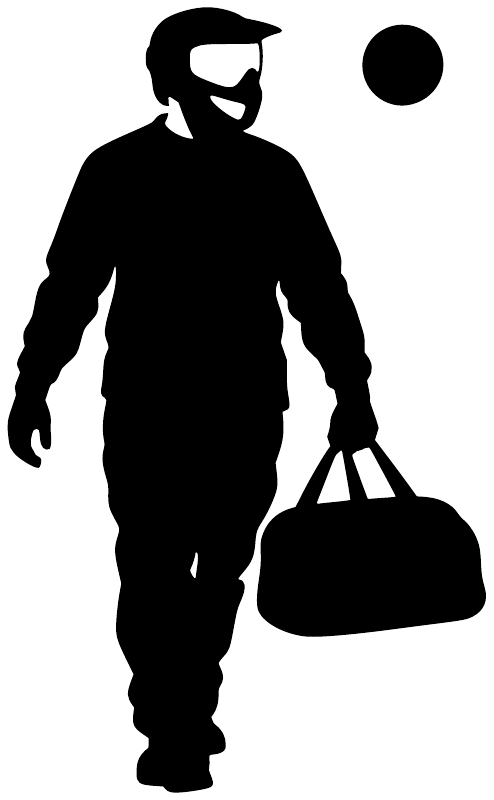 Paintball player vinyl decal, black silhouette holding a paintball gear bag, with circle