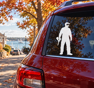 Paintball vinyl decal: white player silhouette on car rear window glass
