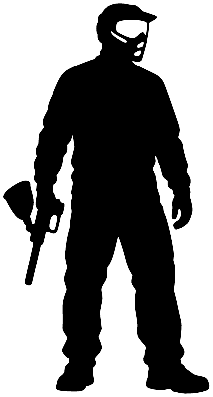 Paintball vinyl decal: black player silhouette holding a marker on plain background