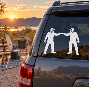 Vinyl decal of two masked paintball players high-fiving on a car rear window.