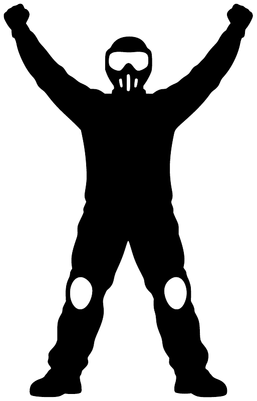Paintball cheer vinyl decal silhouette, black arms-up player with paintball mask