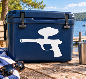 Paintball marker vinyl decal with white paintball gun silhouette on dark blue