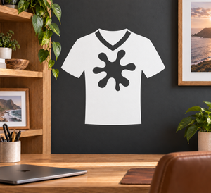 White T-shirt decal with black V-neck and paint-splash logo on front