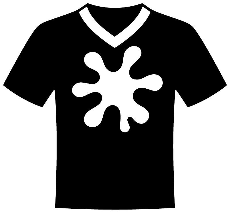 Black T-shirt decal with white V-neck and large paint-splash logo