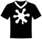 Black T-shirt decal with white V-neck and large paint-splash logo