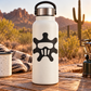 White bottle with black paintball splat mask vinyl decal on the front