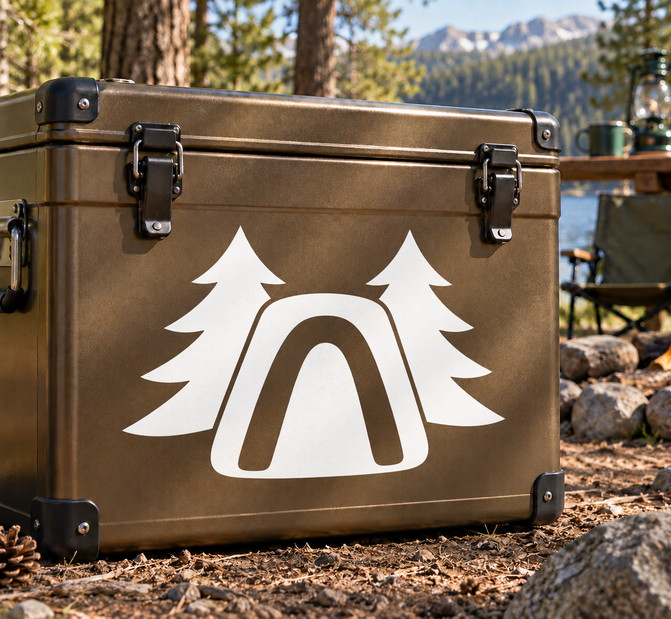 White and black pine tree and helmet-style vinyl decal on tan case