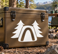 White and black pine tree and helmet-style vinyl decal on tan case