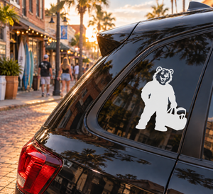 Paintball bear weekend player vinyl decal on car rear window, white graphic silhouette